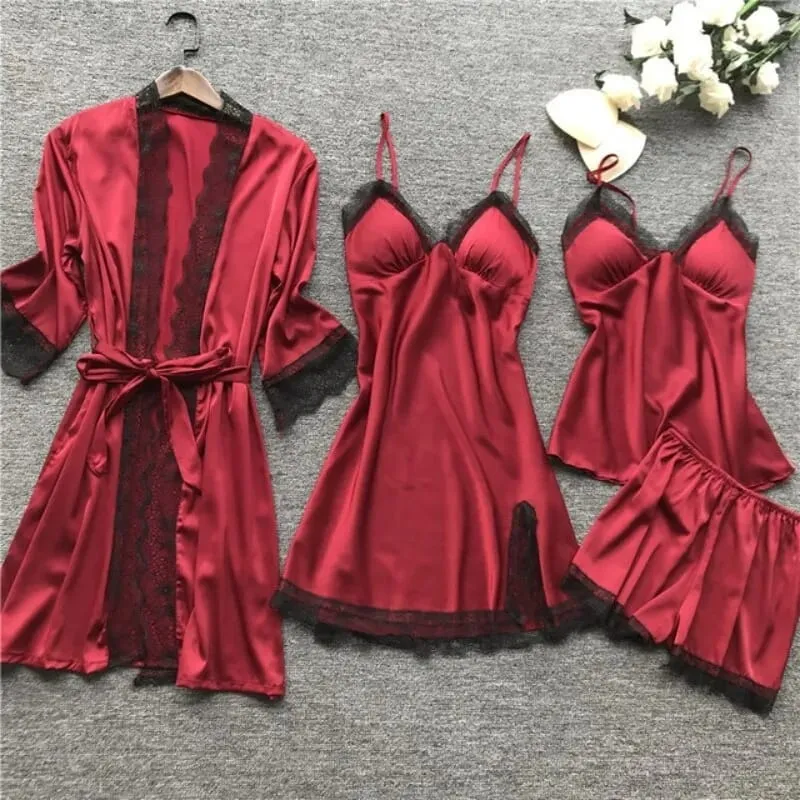 4PCS/Set Sleep Suit Women Lace Set Sexy V-Neck Cami Nighties Comfortable Pyjama Nightwear Spring Nightdress Fashion Home Clothes M S2545436