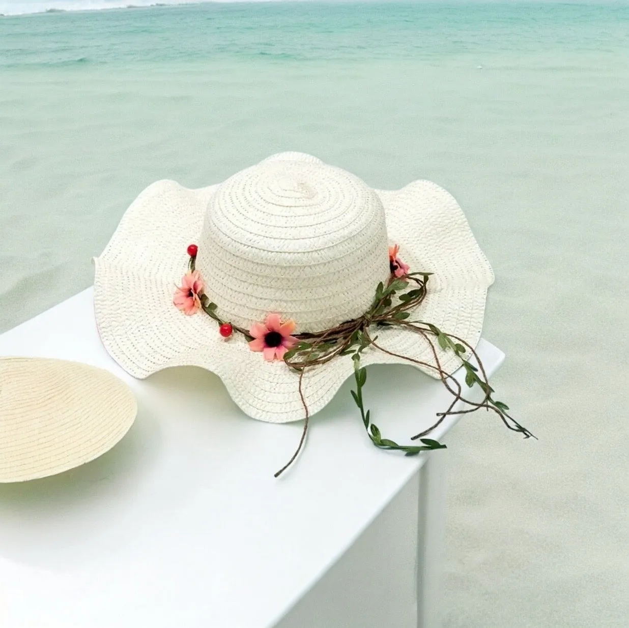 Andrea's Deals Breathable White Sun Hat with Ruffles Brim