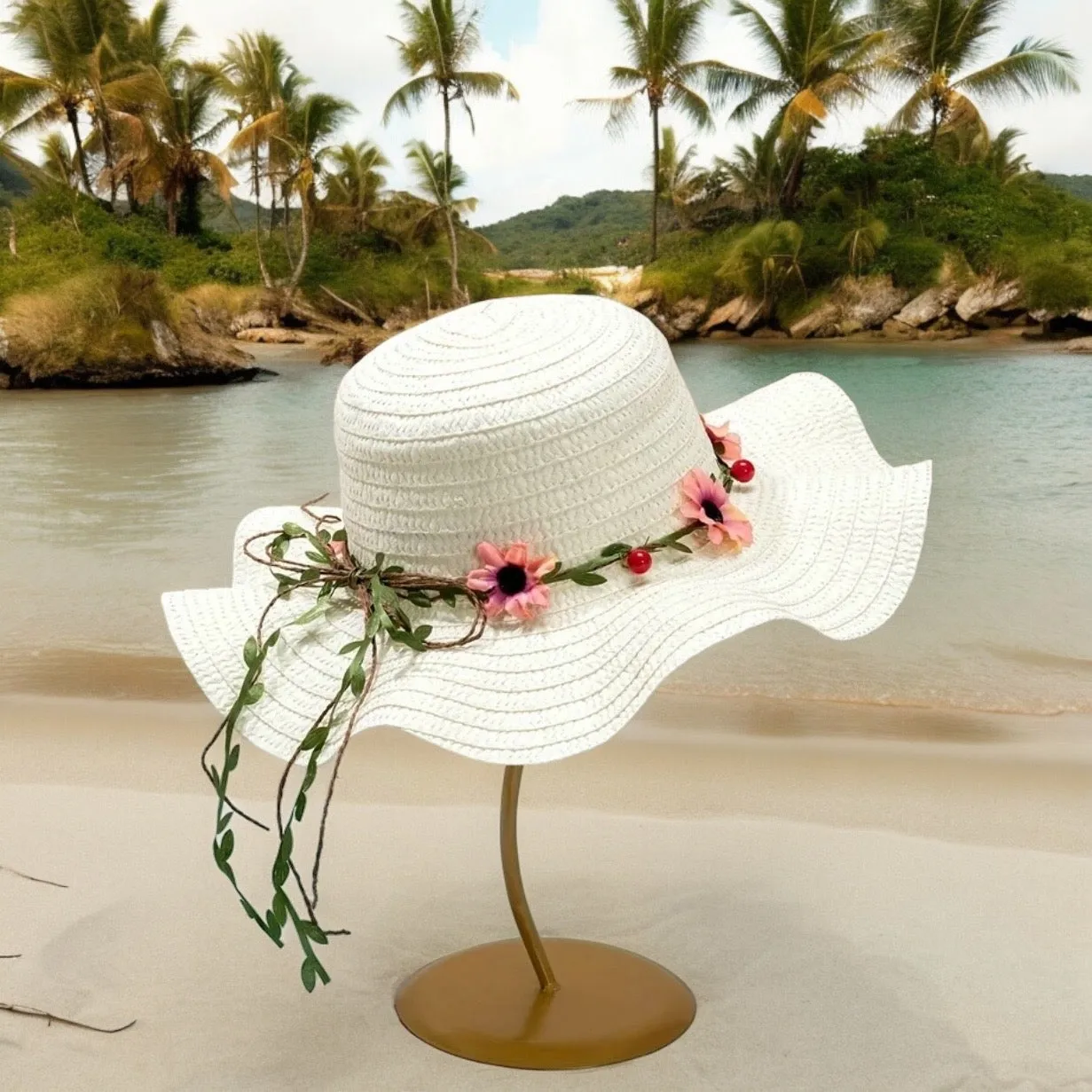 Andrea's Deals Breathable White Sun Hat with Ruffles Brim