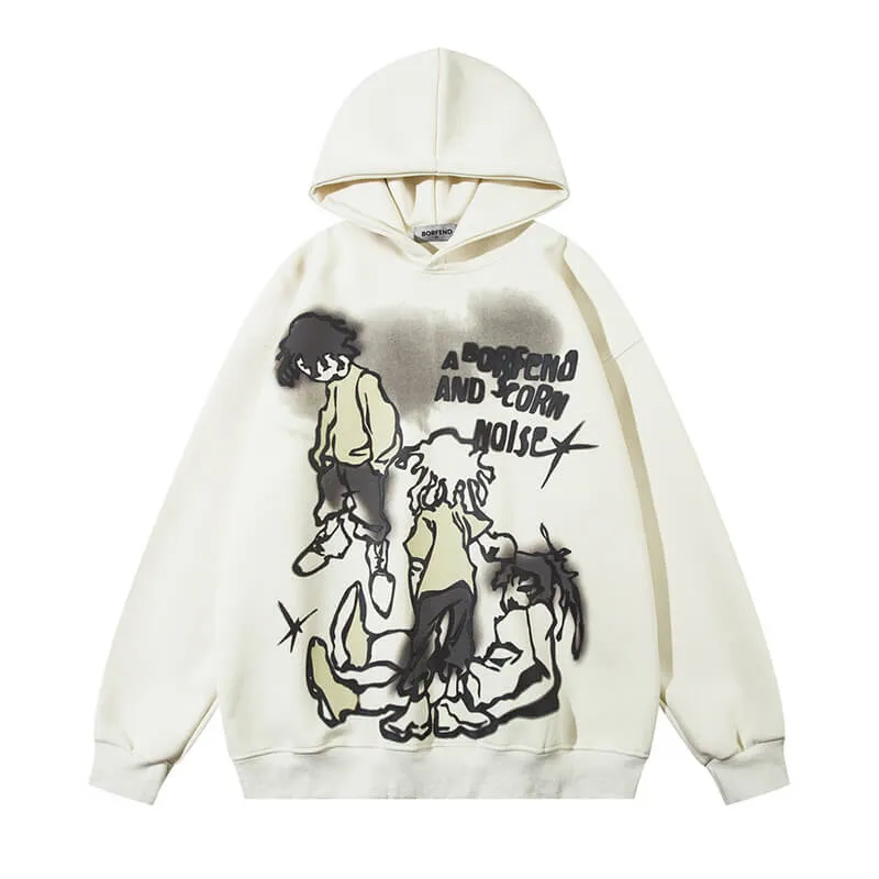 Cartoon Line Characters Print Pullover Hoodie