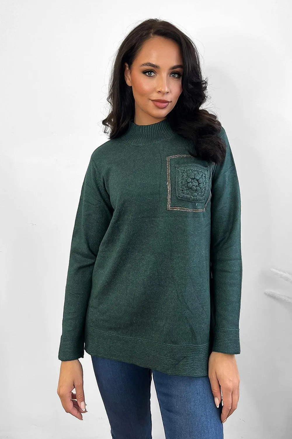 Dark Green High Neck Front Pocket Pullover