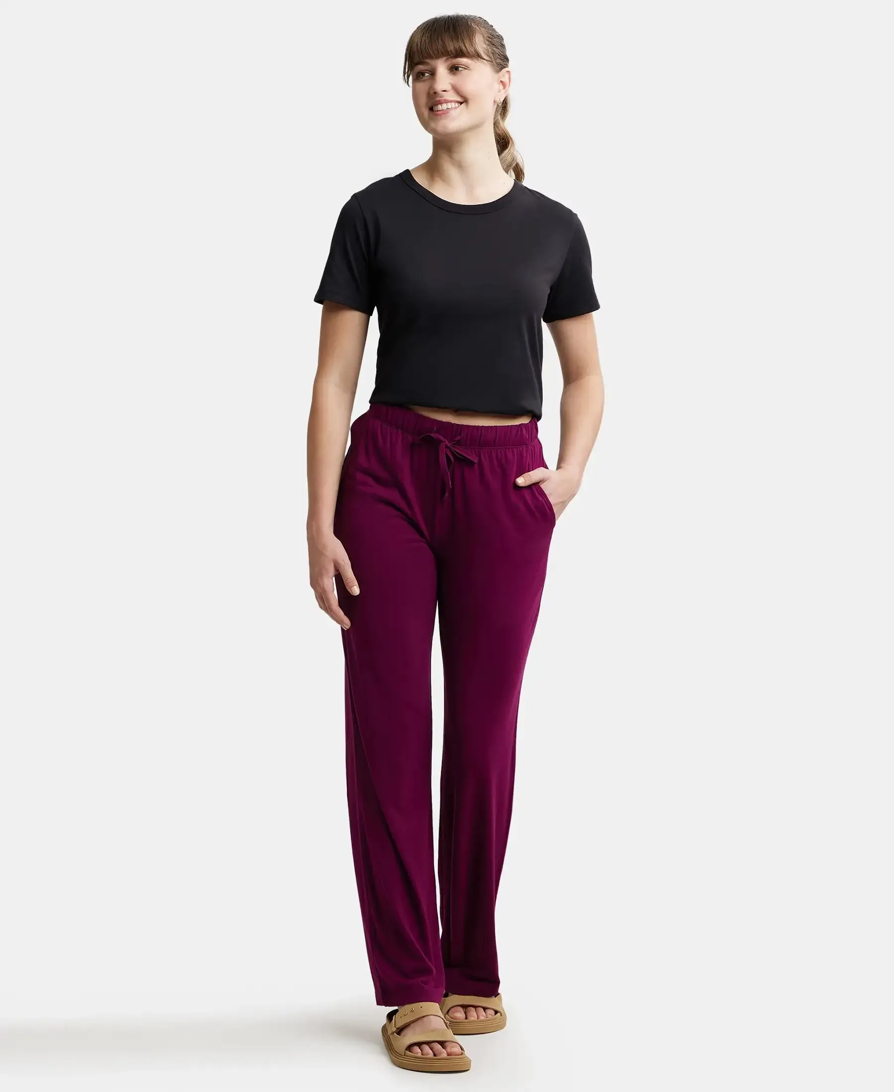 Environment Friendly Micro Modal Fiber Relaxed Fit Pyjama with Comfortable Waistband and Drawstrings - Purple Wine