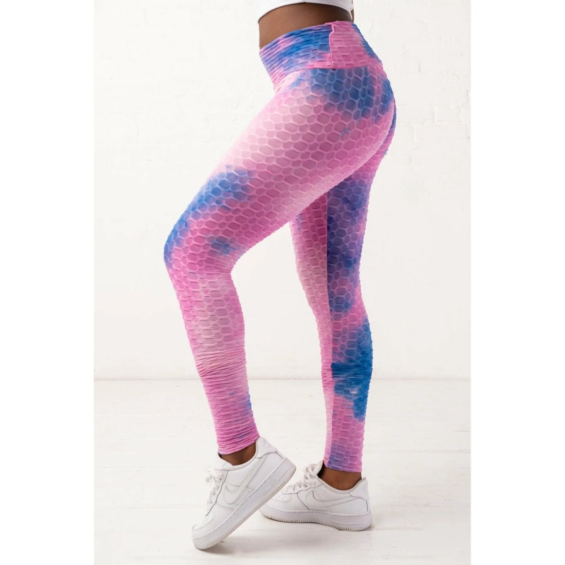 Honeycomb waffle knit pink blue leggings