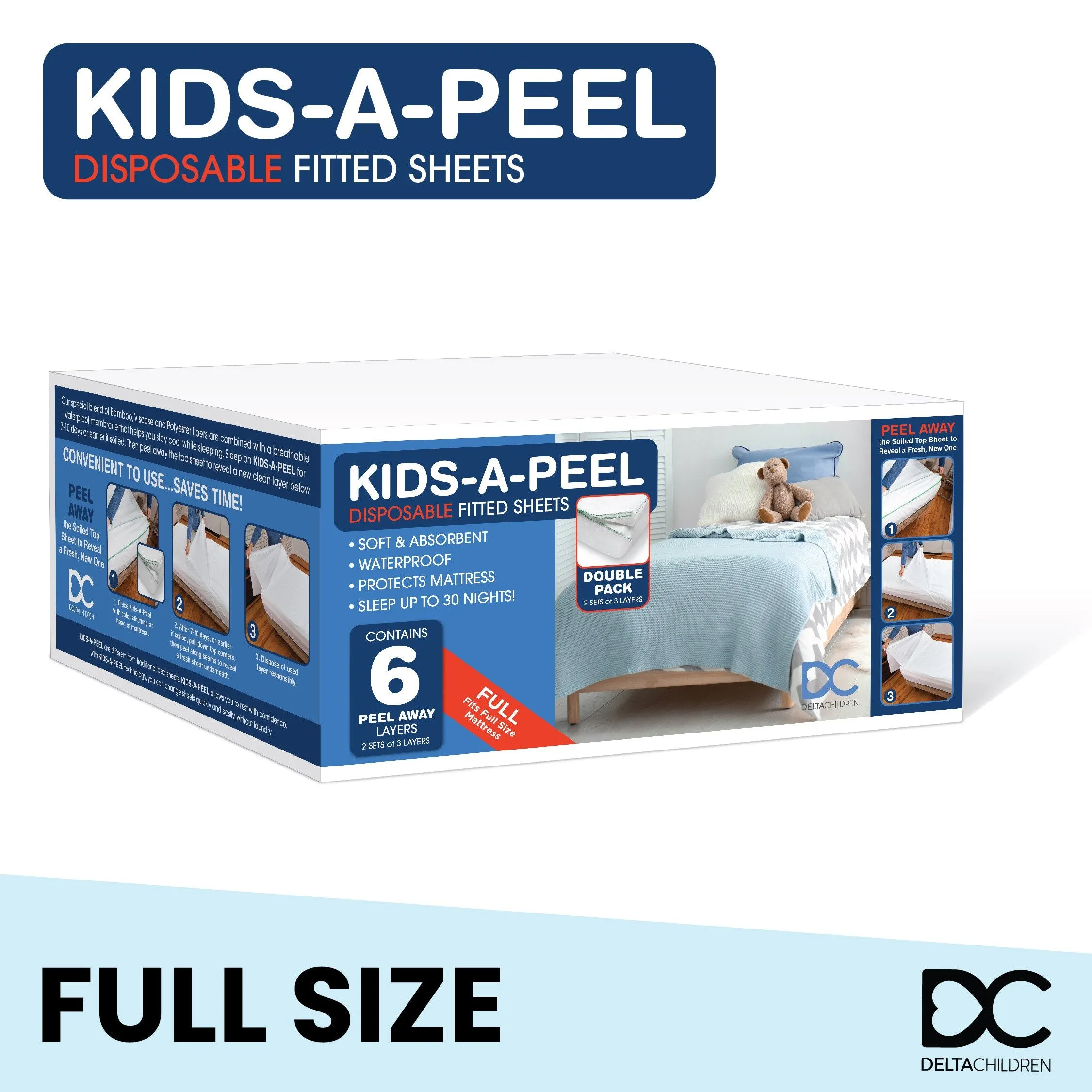 Kids-A-Peel Disposable Fitted Sheets, 6-Pack, Waterproof, Breathable Soft Bed Pads that Protect Your Mattress