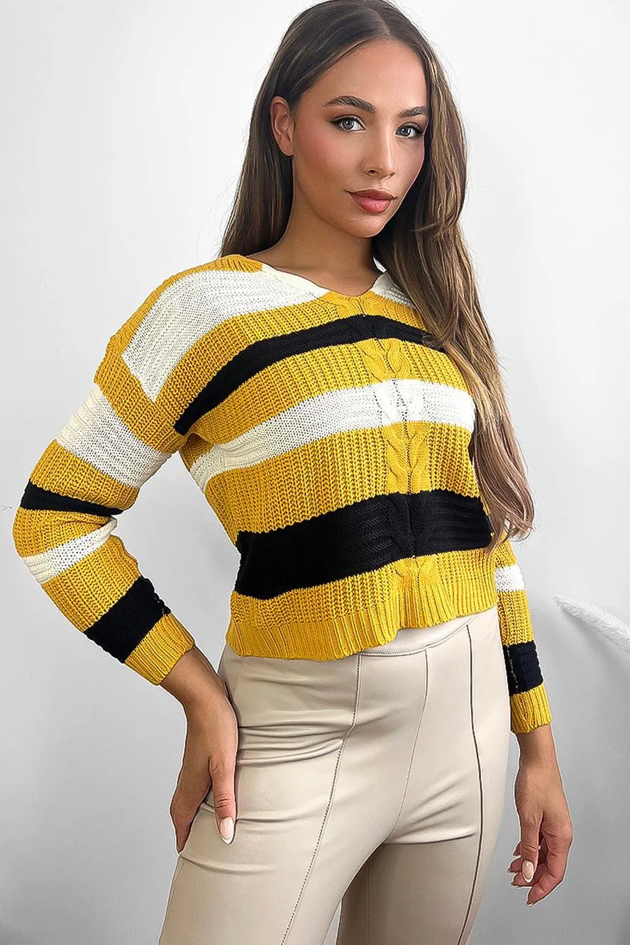 Laced Up Back V-Neck Stripy Pullover