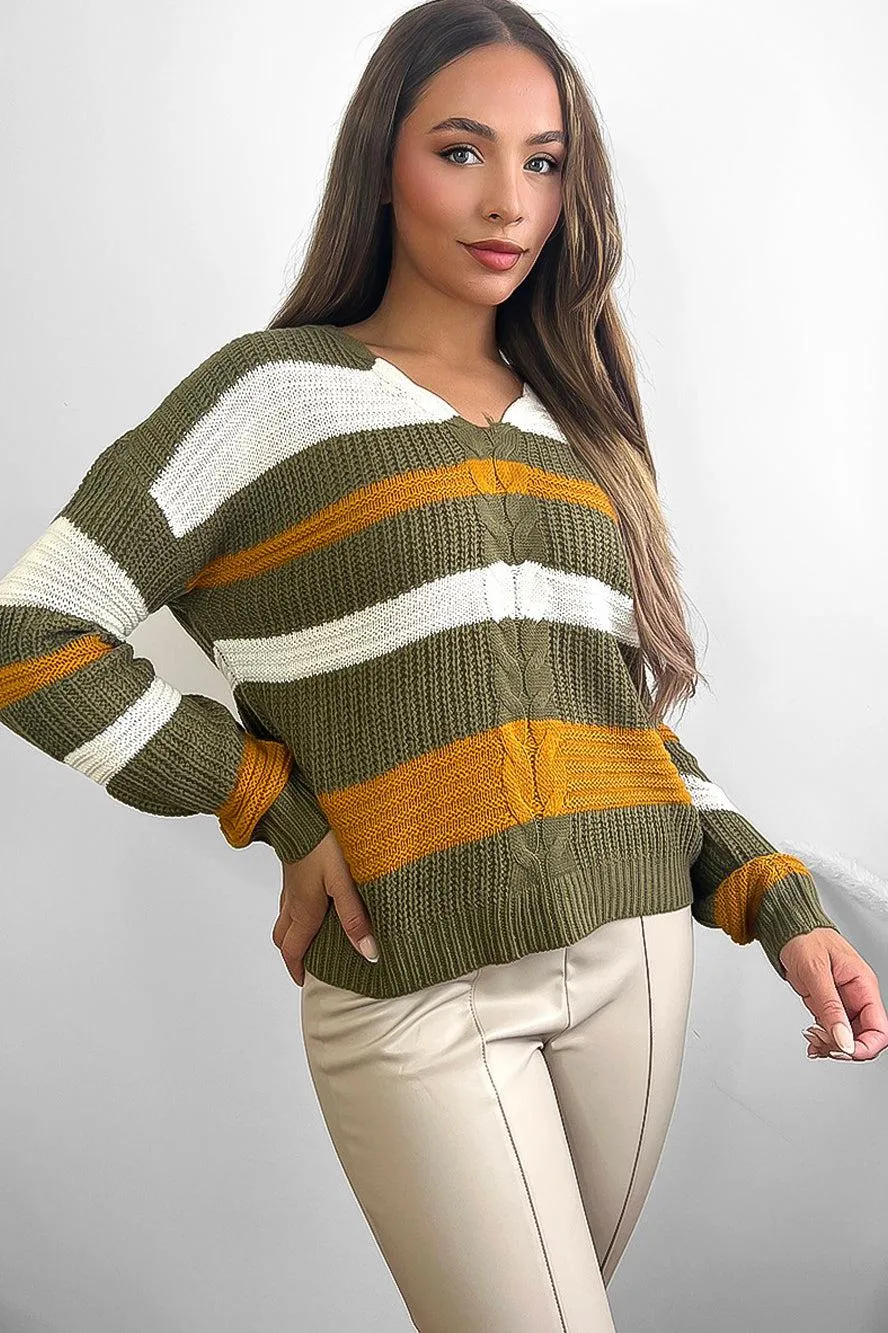 Laced Up Back V-Neck Stripy Pullover