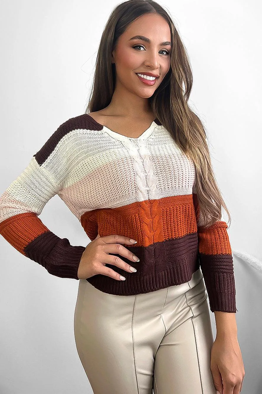 Laced Up Back V-Neck Stripy Pullover