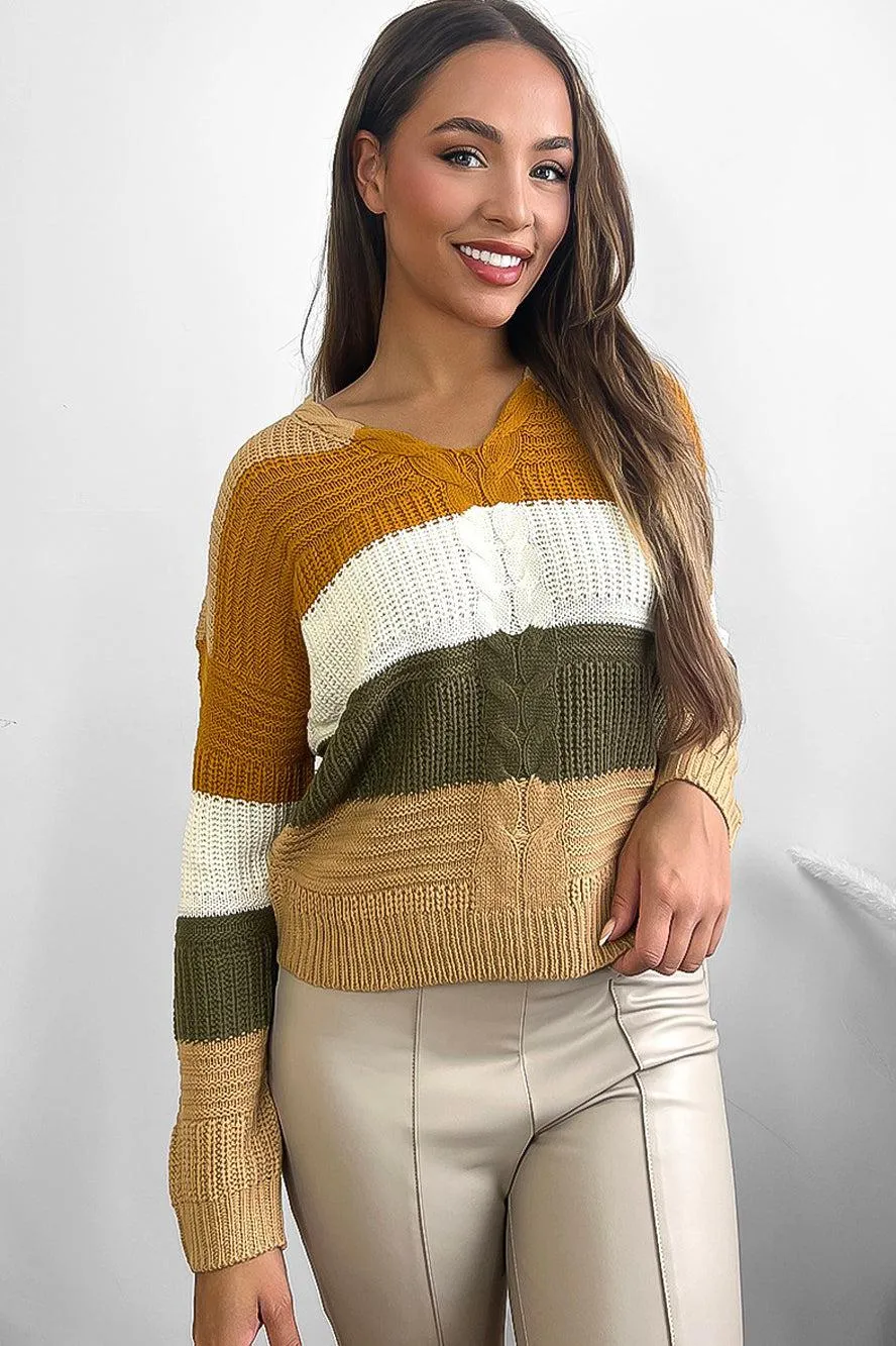 Laced Up Back V-Neck Stripy Pullover