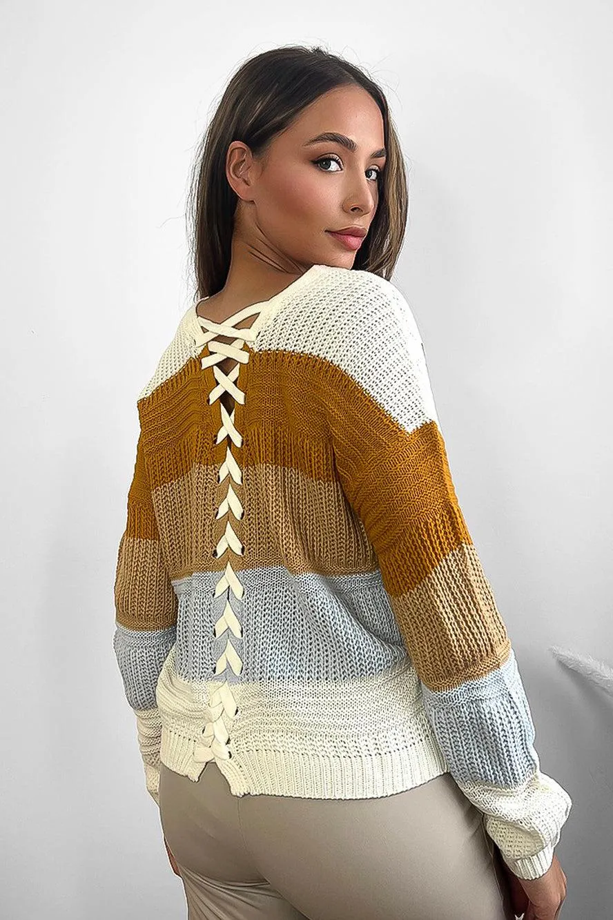 Laced Up Back V-Neck Stripy Pullover