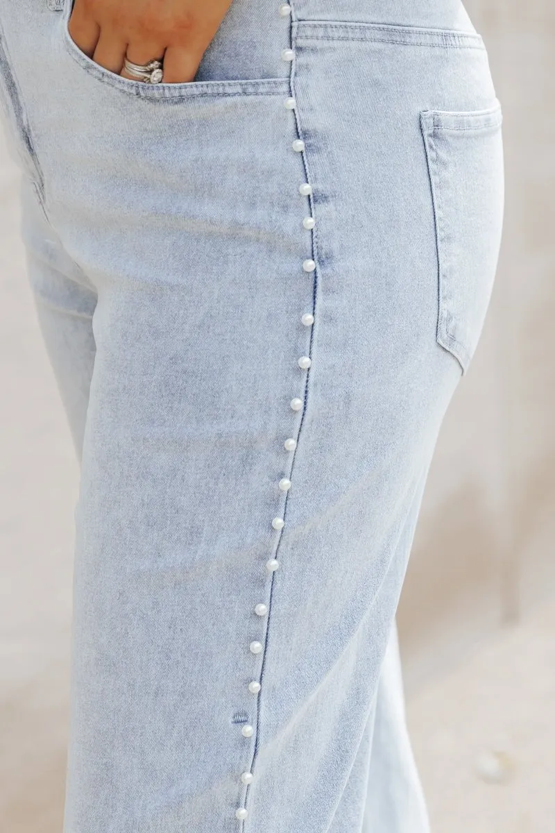 Light Wash Pearl Detail Cropped Jeans