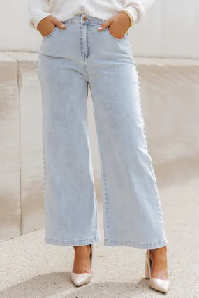 Light Wash Pearl Detail Cropped Jeans