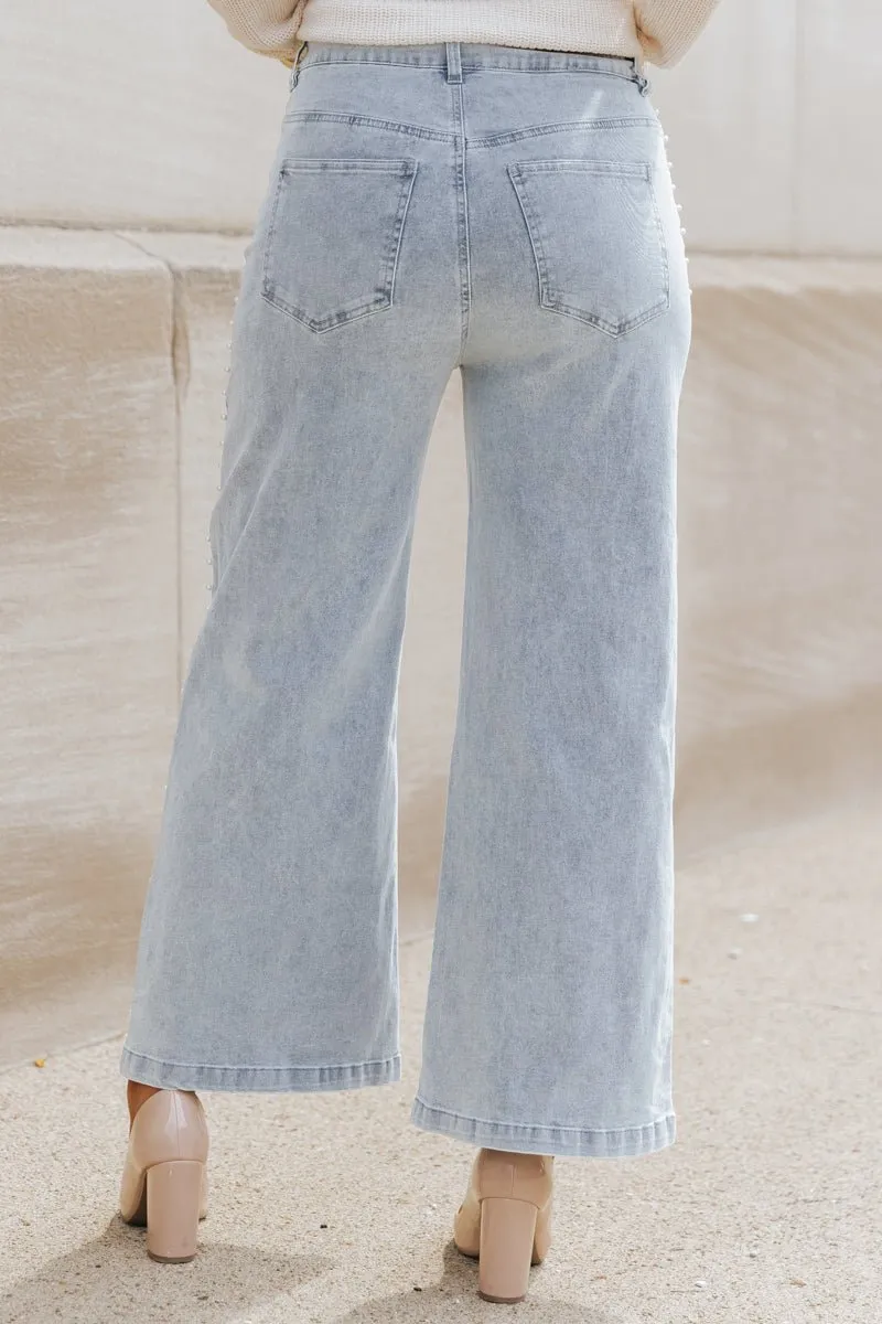 Light Wash Pearl Detail Cropped Jeans