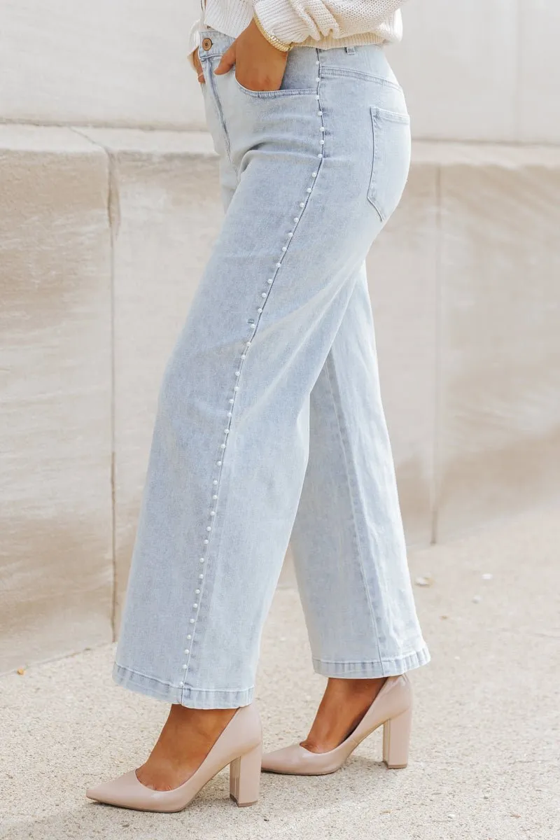 Light Wash Pearl Detail Cropped Jeans