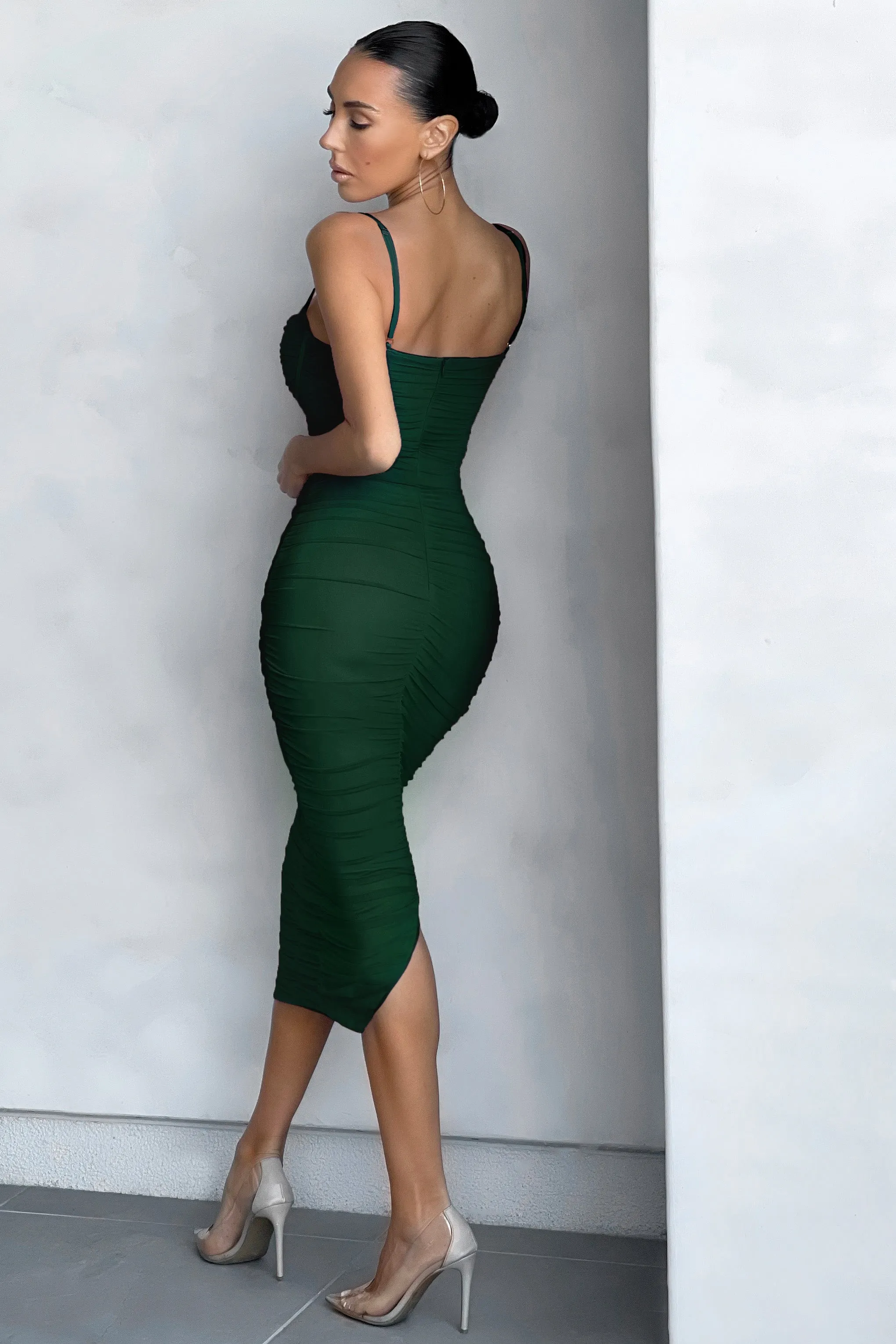 Love Tapes | Bottle Green Corset Mesh Midi Dress