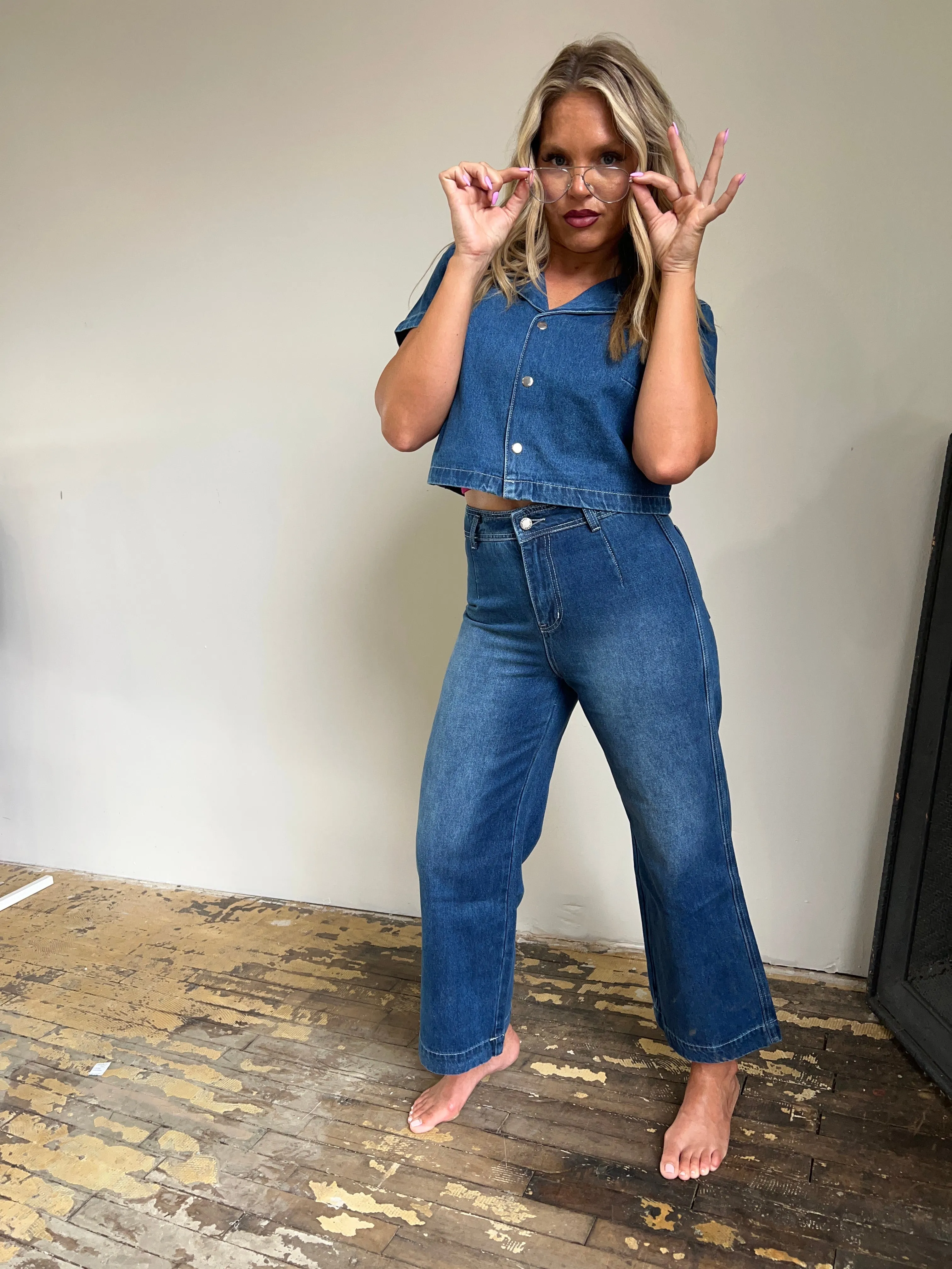 Mi Amor Denim Top & Wide Ankle Pant Set