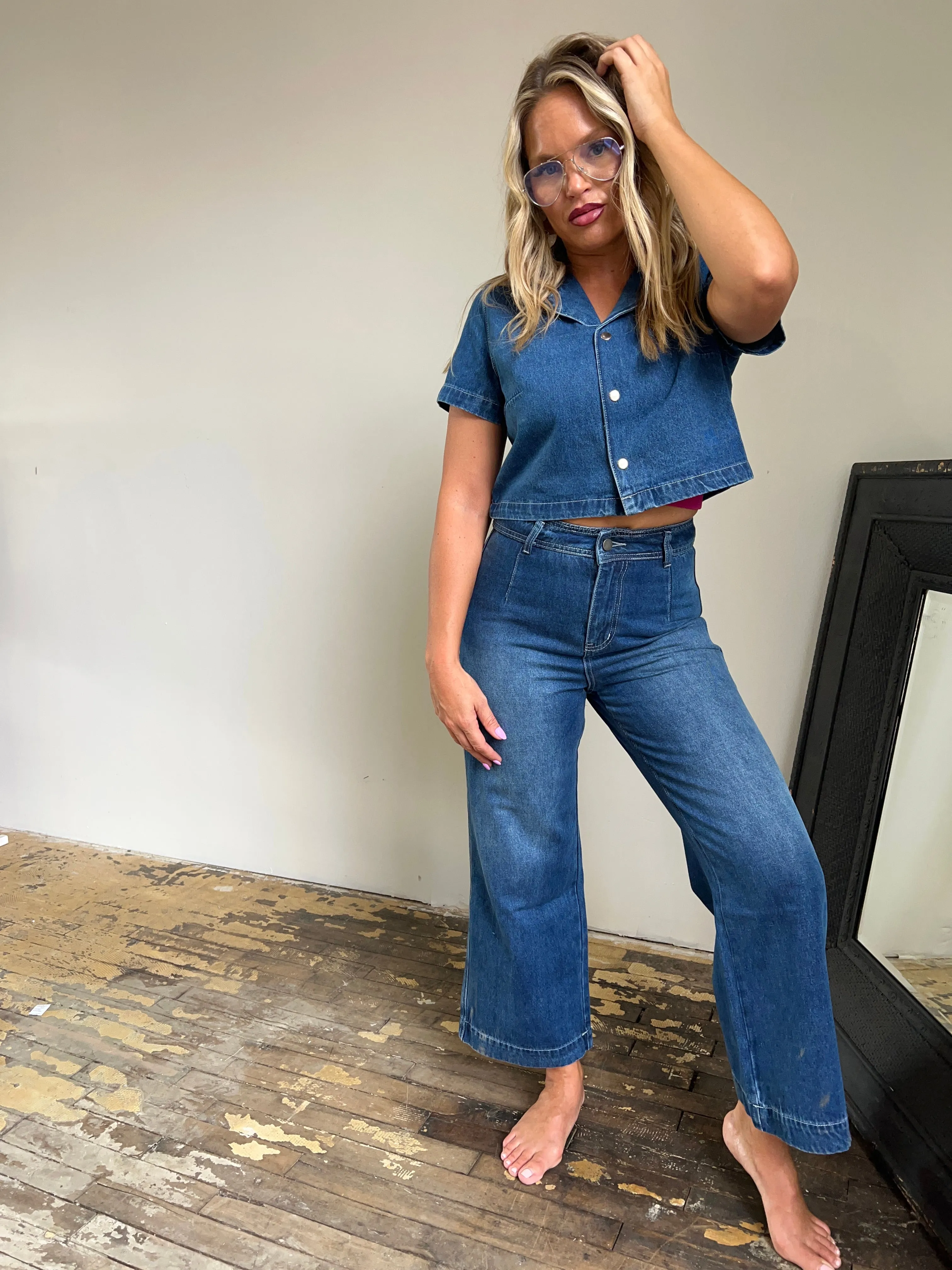 Mi Amor Denim Top & Wide Ankle Pant Set