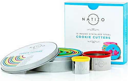 Natizo Deluxe Pastry Cookie Cutter Set - 12 Piece Round Biscuit Cutters - Stainless Steel Circle Molds with Comfortable Silicone Tops - Size on Every Cookie Cutter