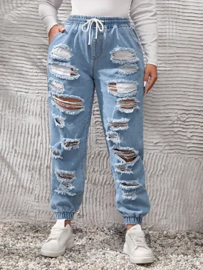 Plus Drawstring Waist Ripped Frayed Jogger Jeans