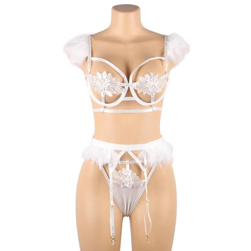 Sexy Hollow Frayed Bra Panty Garter