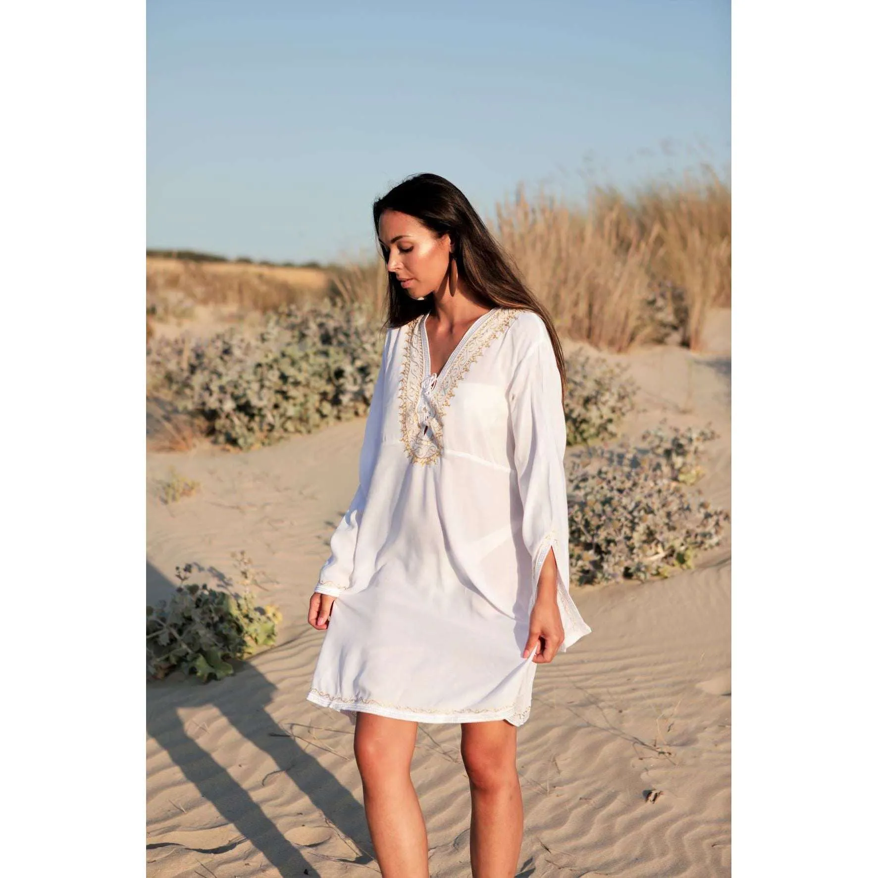 White & Gold Marrakech Moroccan Boho Tunic- Moroccan Tunic